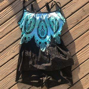 Tankini Swim Set. Black and Teal. Size Large. Unknown Brand.